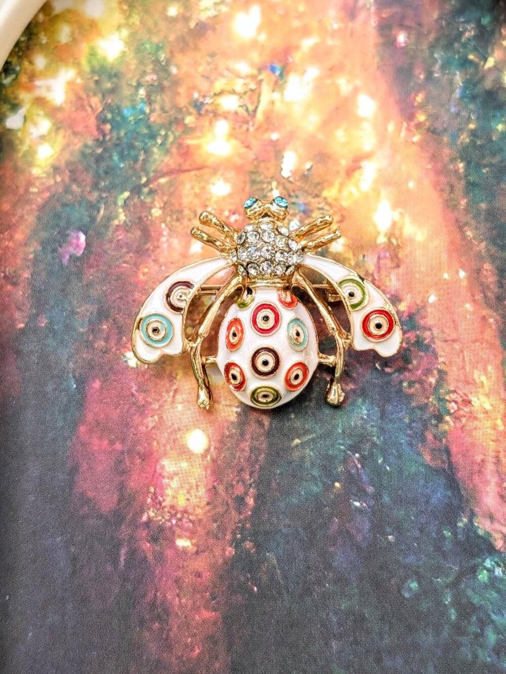 Vintage Beetle Brooch with Colorful Enamel & Rhinestones